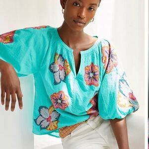 Anthropologie Maeve Balloon Sleeve Floral Embroidered Peasant  Blouse